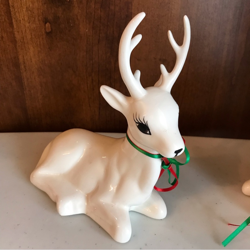 Ceramic Anthropomorphic Christmas Deer Figurines Set of Two With Ribbons - Picture 2 of 8
